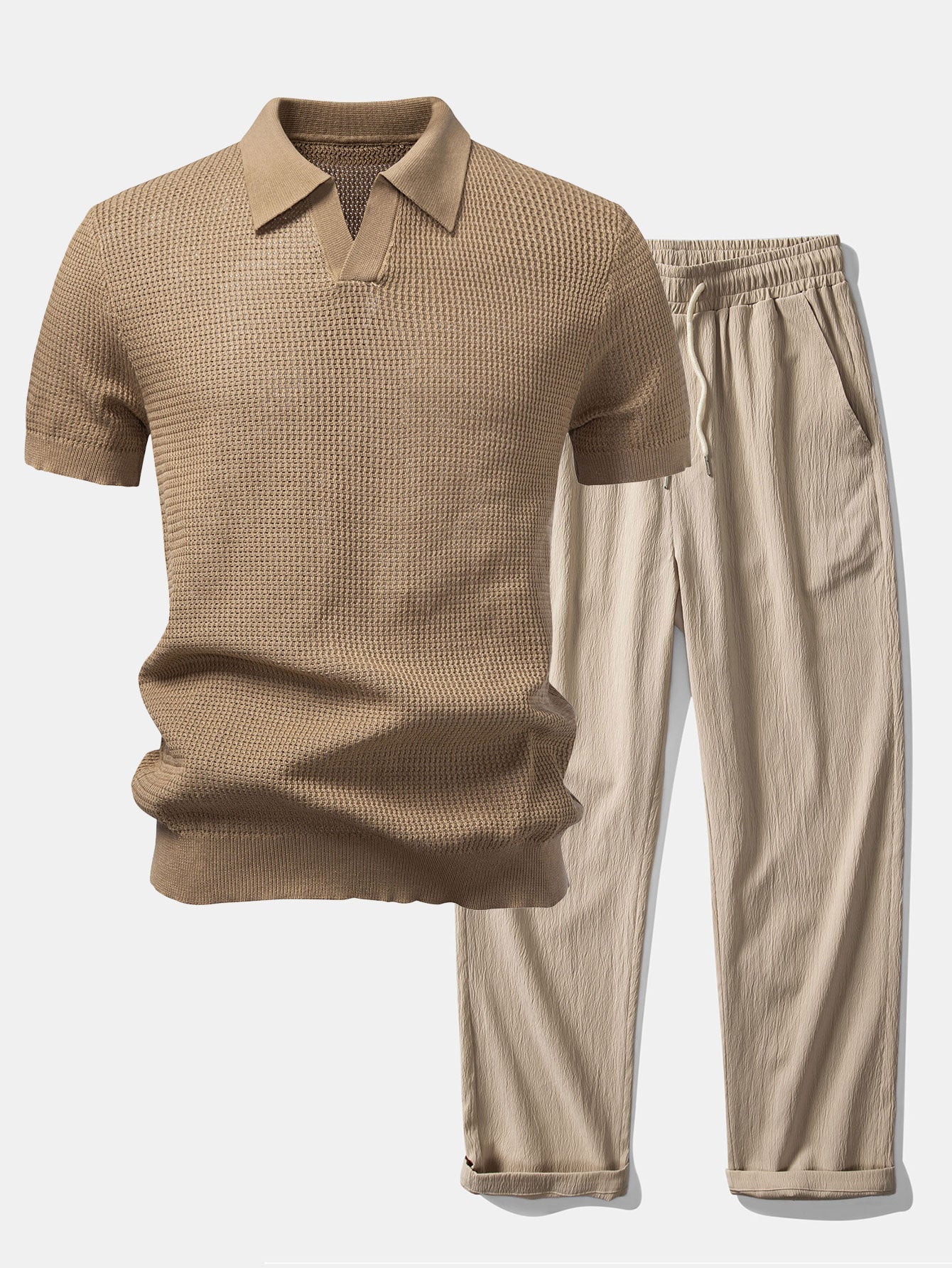Ensemble — polo en maille crochetée texturée à col Johnny & pantalon texturé froissé