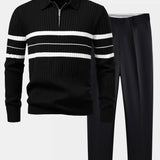 Ensemble — polo côtelé zippé en maille rayée & pantalon fuselé coupe slim
