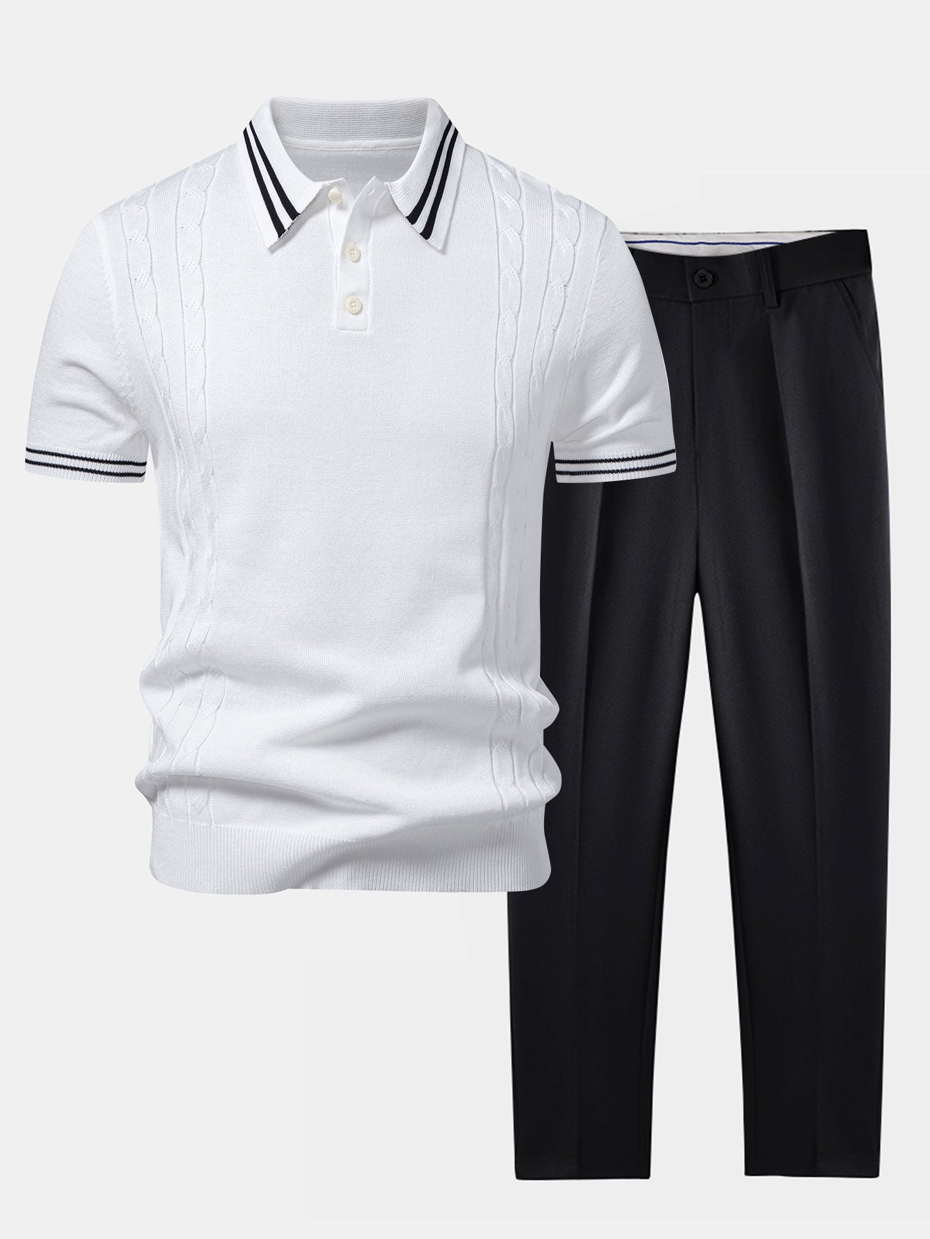 Ensemble — polo en maille jacquard torsadé à bordure contrastante & pantalon fuselé