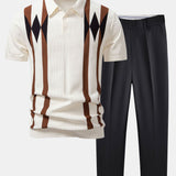 Ensemble Améline — polo en maille jacquard géométrique rayée & pantalon fuselé