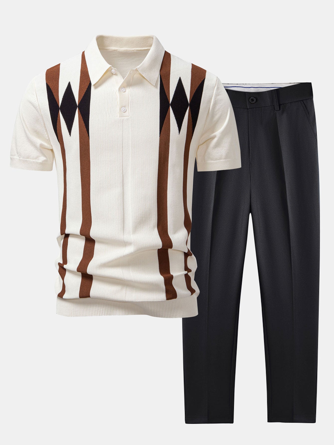 Ensemble Améline — polo en maille jacquard géométrique rayée & pantalon fuselé