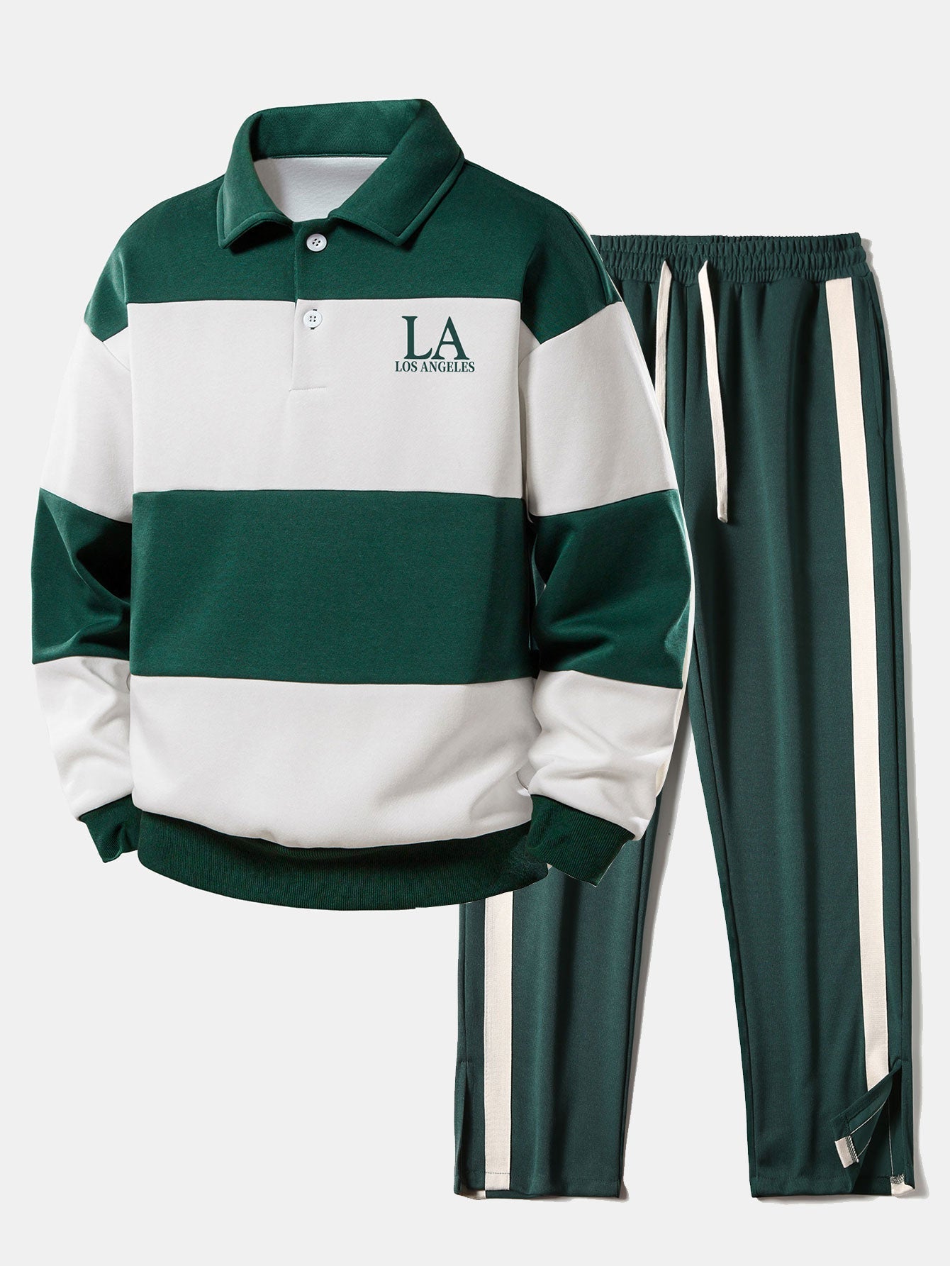 Ensemble — sweat polo color block à imprimé Los Angeles & pantalon rayé à ourlet fendu