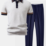 Ensemble — polo en maille gaufrée à bordure rayée contrastante & pantalon fuselé coupe slim