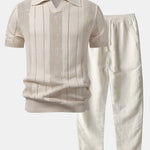 Ensemble Améline — polo en maille ajourée rayée à col Johnny & pantalon en lin à jambe droite
