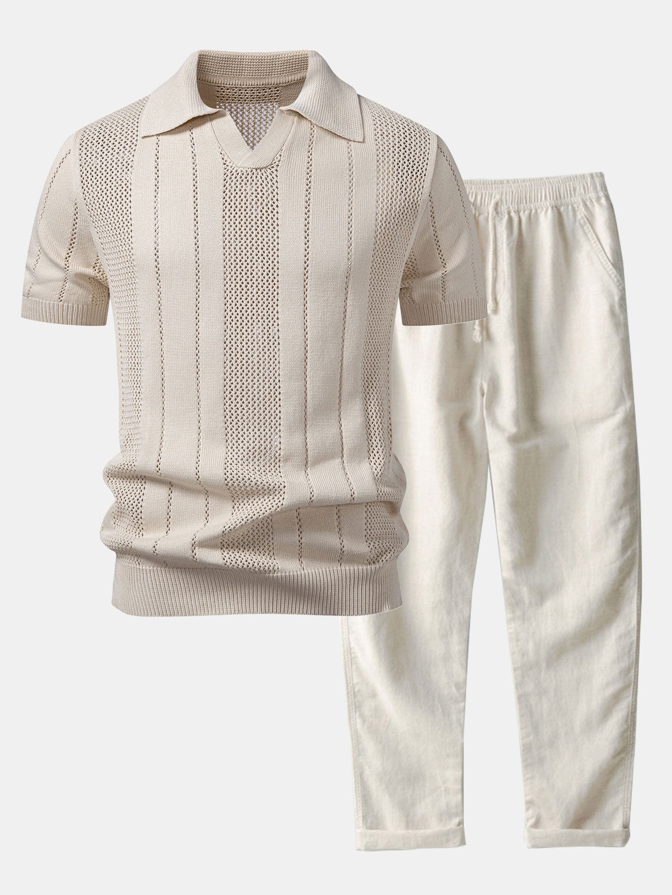 Ensemble Améline — polo en maille ajourée rayée à col Johnny & pantalon en lin à jambe droite