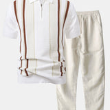Ensemble — polo zippé en maille rayée & pantalon en lin à jambe droite