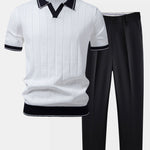Ensemble — polo côtelé en maille à col Johnny et bordure contrastante & pantalon fuselé