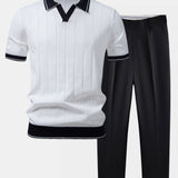 Ensemble — polo côtelé en maille à col Johnny et bordure contrastante & pantalon fuselé