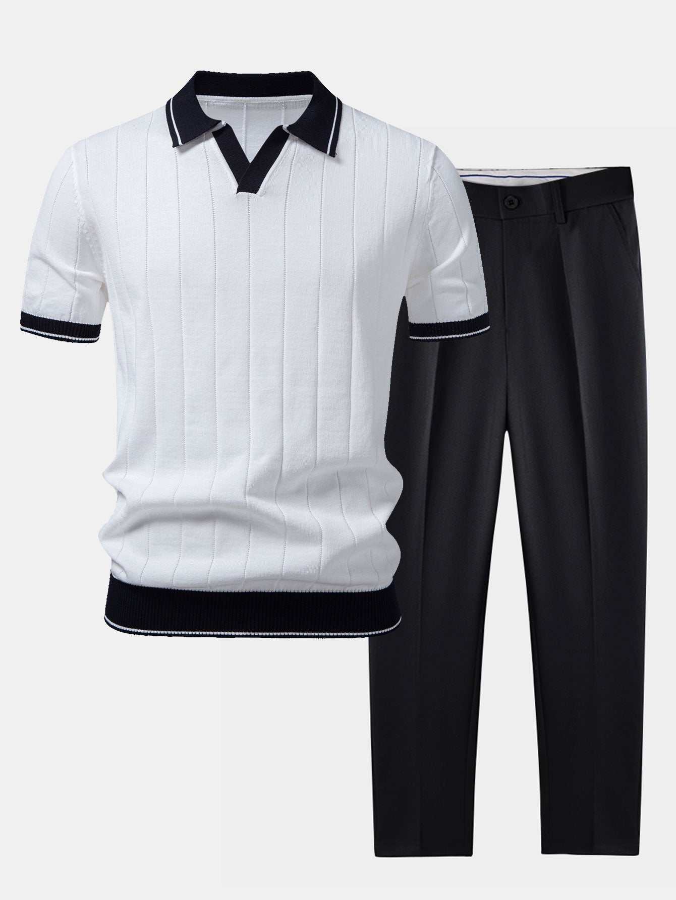 Ensemble — polo côtelé en maille à col Johnny et bordure contrastante & pantalon fuselé