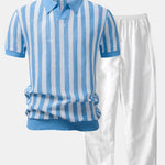 Ensemble Capucine — polo en maille ajourée rayée à col Johnny & pantalon en lin à jambe droite
