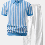Ensemble Capucine — polo en maille ajourée rayée à col Johnny & pantalon en lin à jambe droite