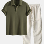 Ensemble — polo gaufré à manches courtes & pantalon en lin à jambe droite