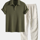 Ensemble — polo gaufré à manches courtes & pantalon en lin à jambe droite