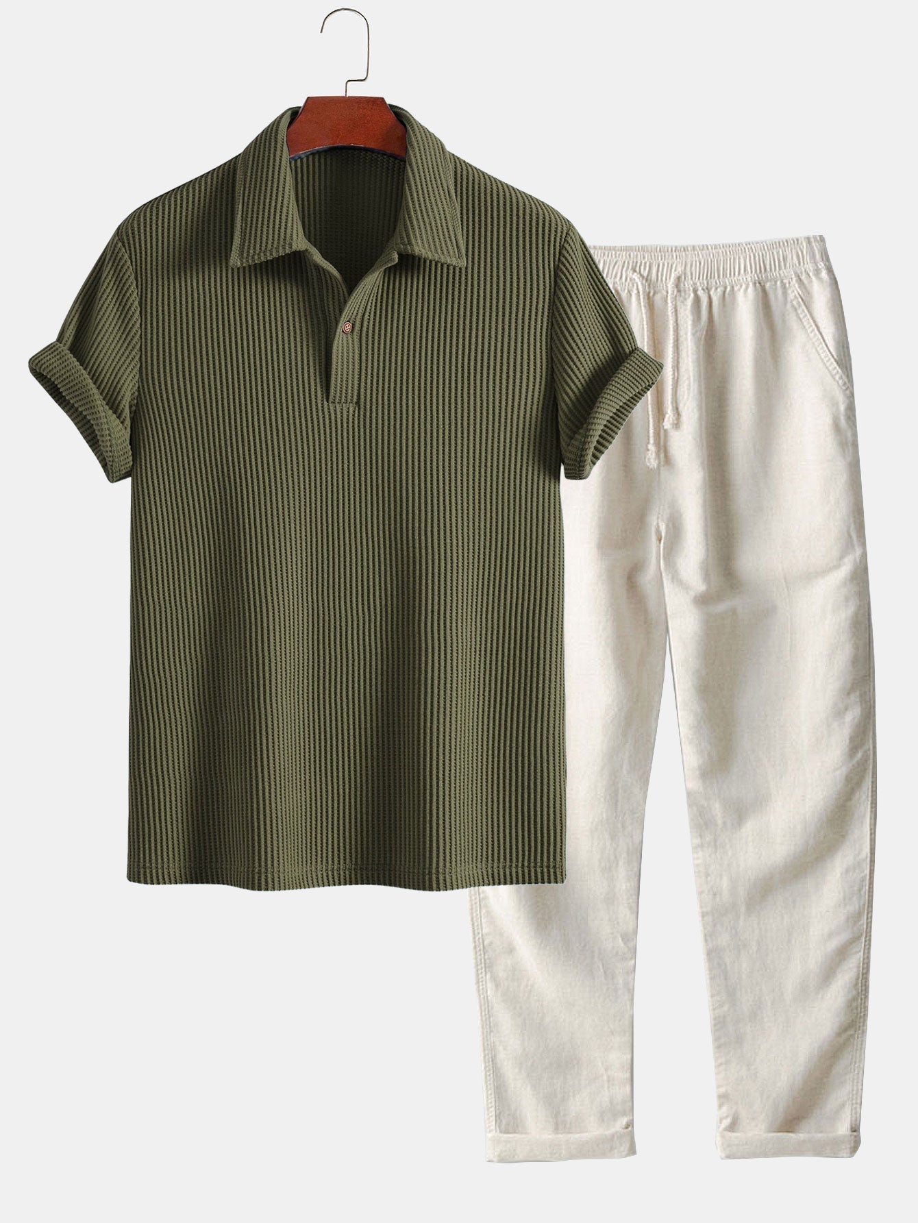 Ensemble — polo gaufré à manches courtes & pantalon en lin à jambe droite