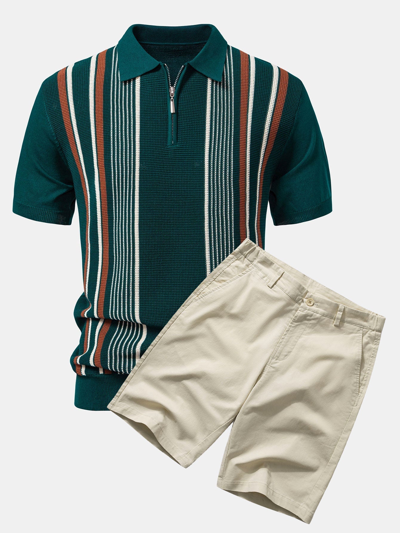 Ensemble Améline — polo zippé en maille rayée & short chino en coton