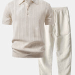 Ensemble — polo en maille ajourée de lin rayé & pantalon en lin à jambe droite