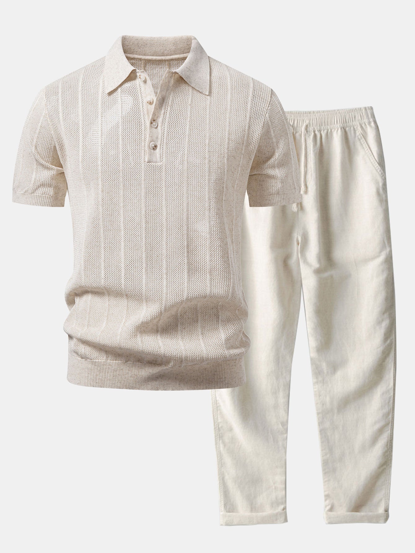 Ensemble — polo en maille ajourée de lin rayé & pantalon en lin à jambe droite