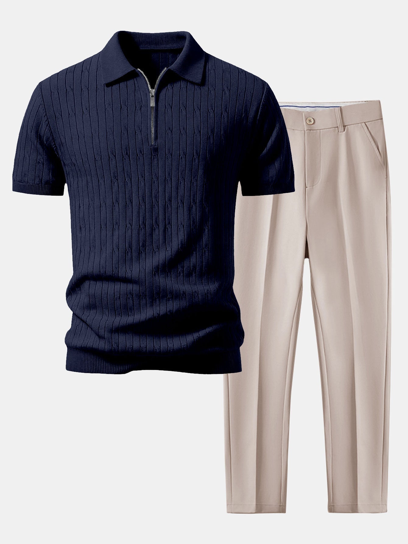 Ensemble — polo zippé en maille jacquard torsadé & pantalon fuselé coupe slim