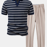 Ensemble Capucine — polo gaufré rayé à col Johnny & pantalon fuselé coupe slim