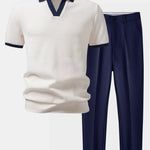 Ensemble — polo gaufré en maille contrastante à col Johnny & pantalon fuselé