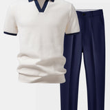 Ensemble — polo gaufré en maille contrastante à col Johnny & pantalon fuselé