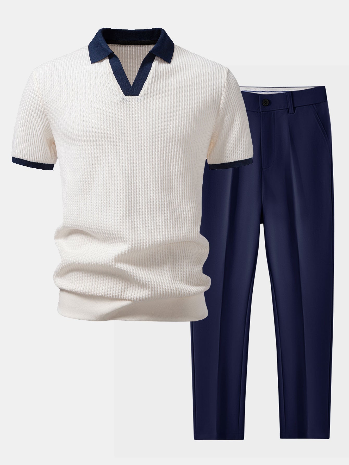 Ensemble — polo gaufré en maille contrastante à col Johnny & pantalon fuselé