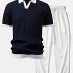 Ensemble — polo en maille texturée contrastante à col Johnny & pantalon texturé froissé