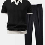 Ensemble — polo rayé à col Johnny et bordure contrastante & pantalon fuselé
