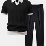 Ensemble — polo rayé à col Johnny et bordure contrastante & pantalon fuselé