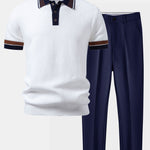Ensemble — polo en maille gaufrée à bordure rayée contrastante & pantalon fuselé coupe slim