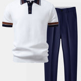 Ensemble — polo en maille gaufrée à bordure rayée contrastante & pantalon fuselé coupe slim