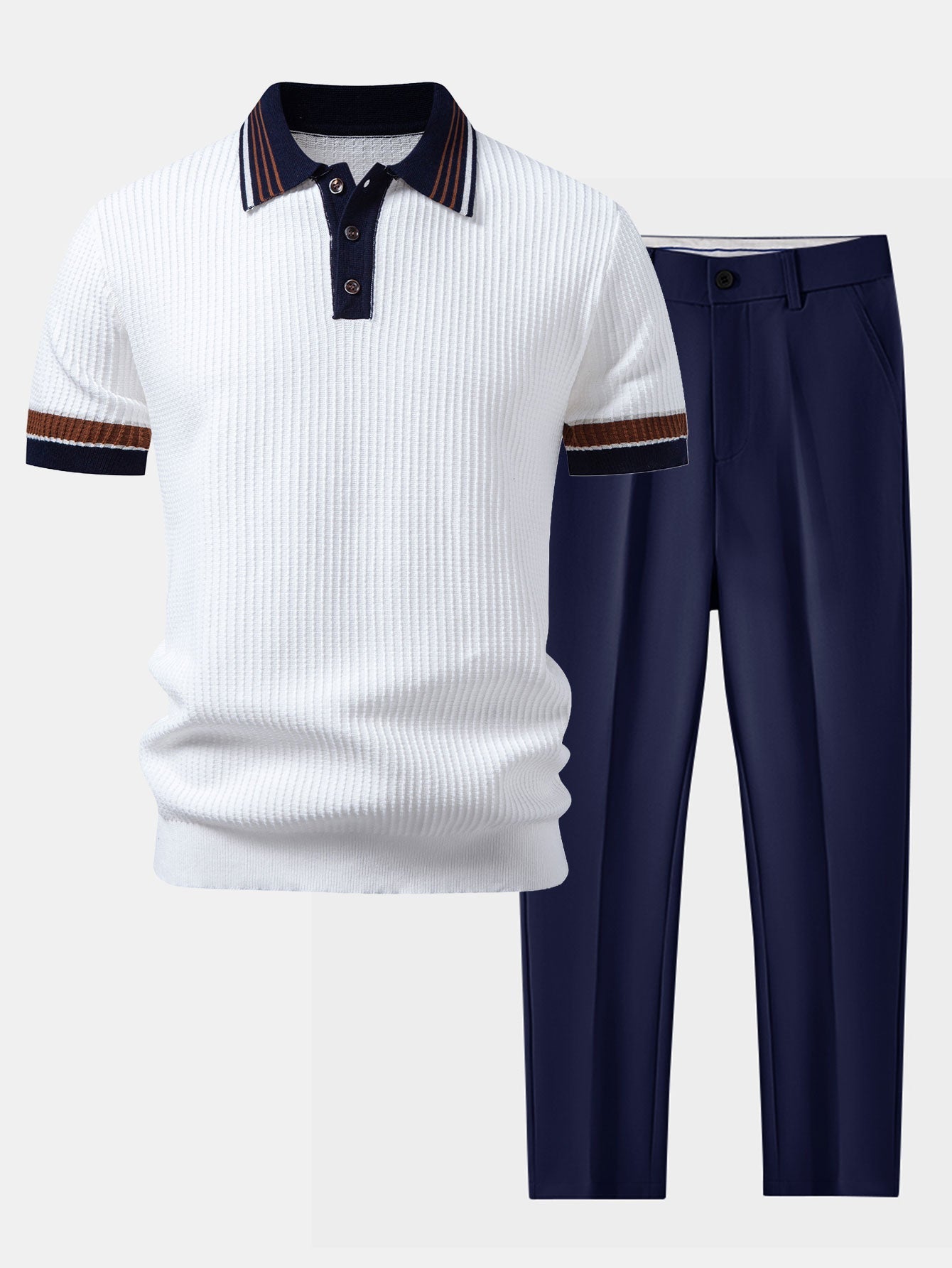 Ensemble — polo en maille gaufrée à bordure rayée contrastante & pantalon fuselé coupe slim
