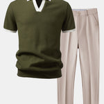 Ensemble — polo gaufré en maille contrastante à col Johnny & pantalon fuselé