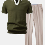 Ensemble — polo gaufré en maille contrastante à col Johnny & pantalon fuselé