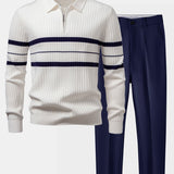 Ensemble — polo côtelé zippé en maille rayée & pantalon fuselé coupe slim