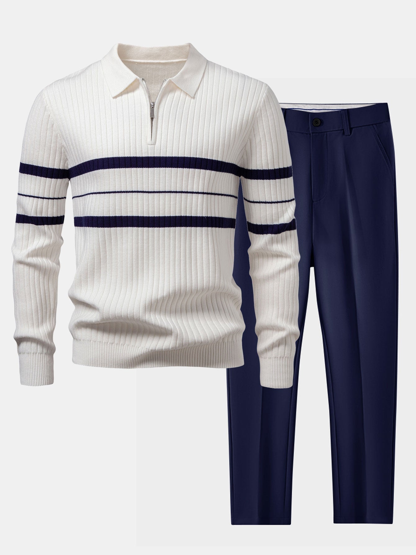 Ensemble — polo côtelé zippé en maille rayée & pantalon fuselé coupe slim
