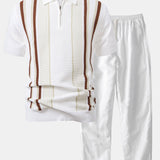 Ensemble — polo zippé en maille rayée & pantalon en lin à jambe droite