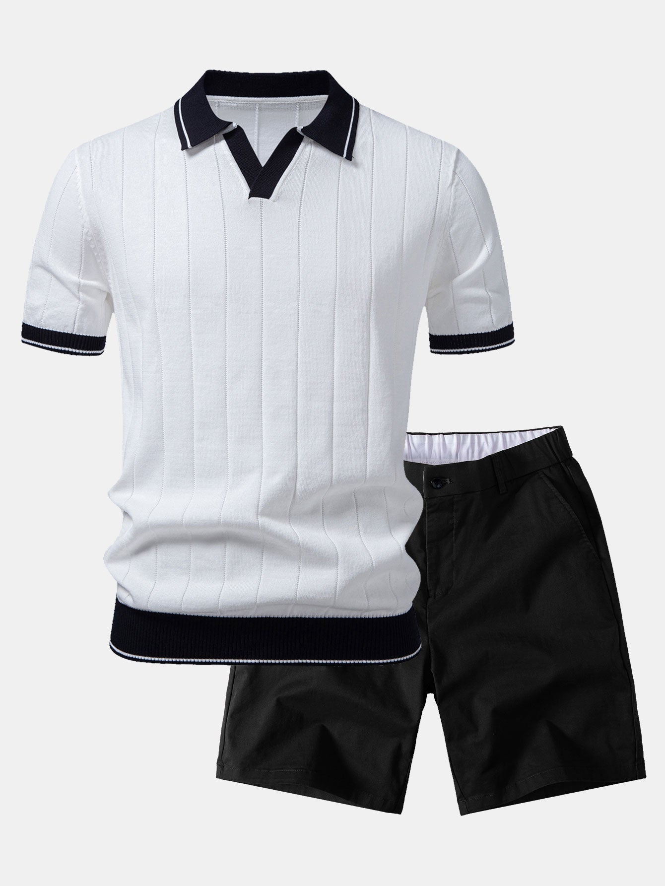 Ensemble — polo côtelé en maille à col Johnny et bordure contrastante & short chino