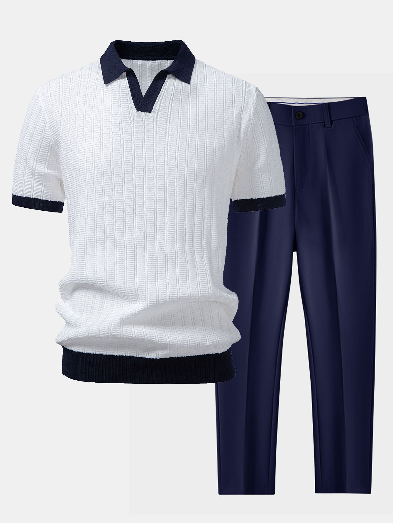Ensemble — polo en maille texturée contrastante à col Johnny & pantalon fuselé