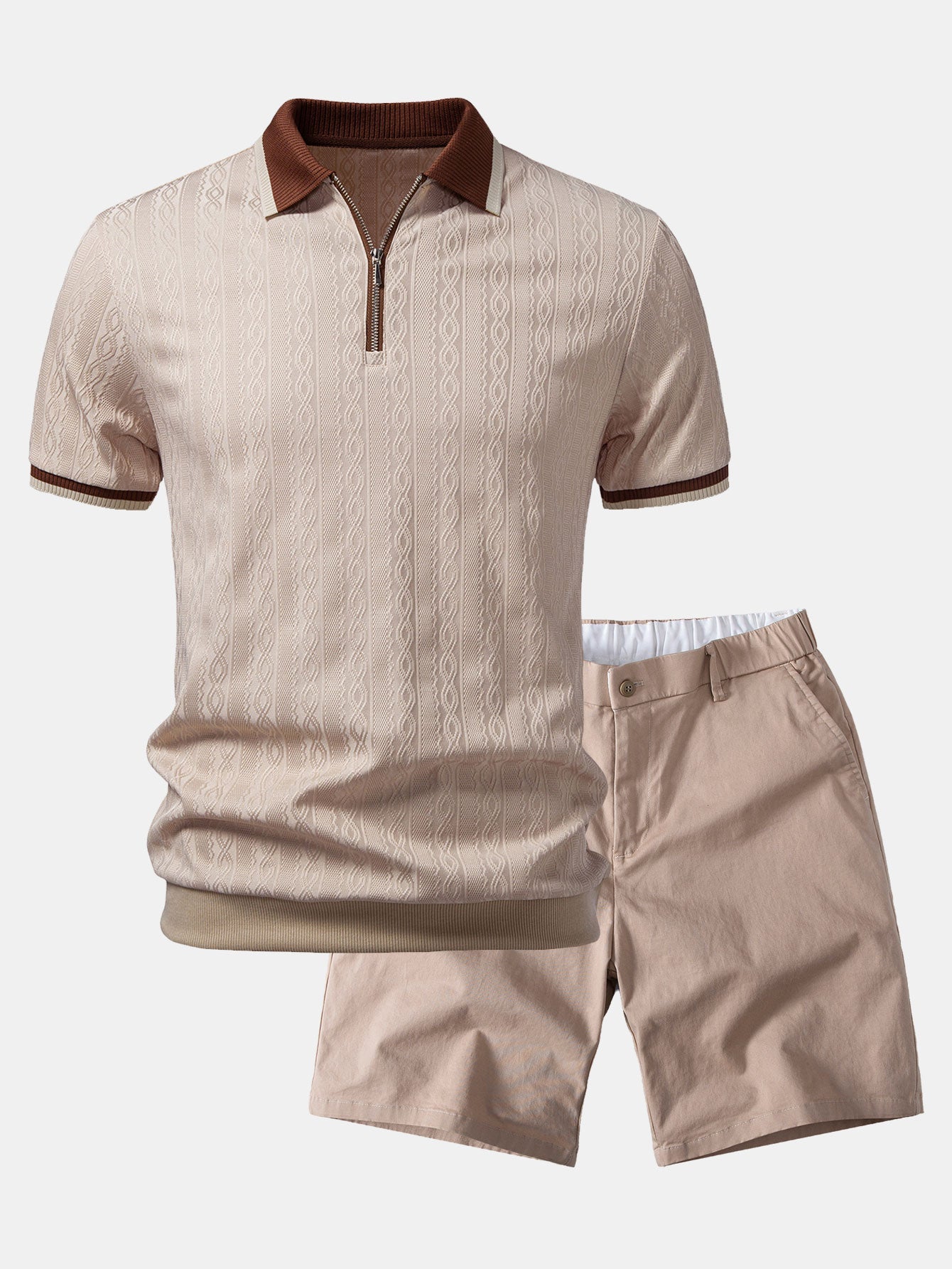 Ensemble — polo zippé en maille texturée à bordure contrastante & short chino