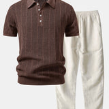 Ensemble — polo en maille ajourée de lin rayé & pantalon en lin à jambe droite
