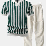 Ensemble Capucine — polo en maille ajourée rayée à col Johnny & pantalon en lin à jambe droite