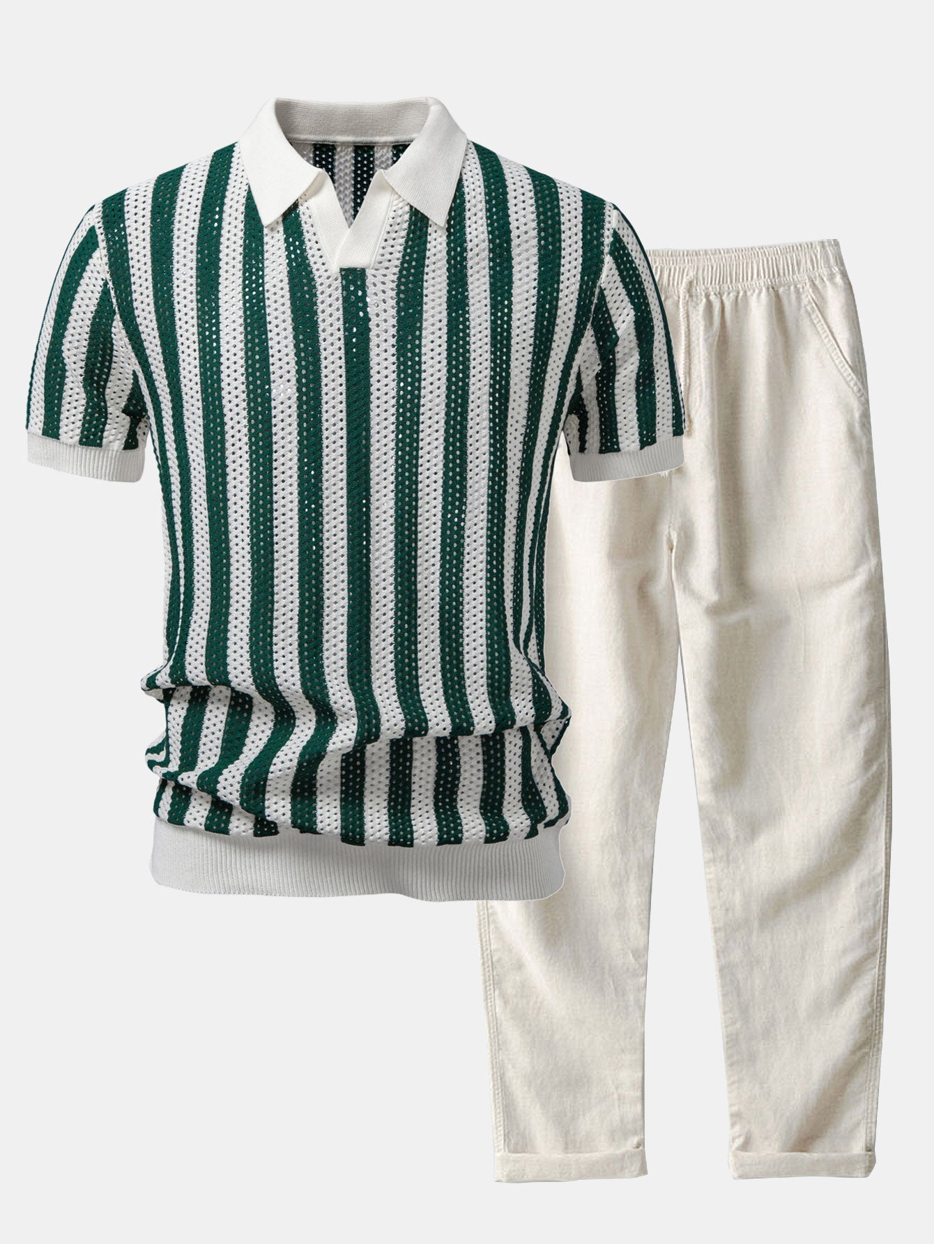 Ensemble Capucine — polo en maille ajourée rayée à col Johnny & pantalon en lin à jambe droite