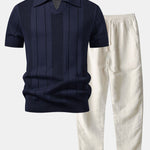 Ensemble Améline — polo en maille ajourée rayée à col Johnny & pantalon en lin à jambe droite