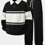 Ensemble — sweat polo patchwork color block & pantalon de jogging à plis
