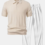 Ensemble — polo en maille jacquard rayée & pantalon côtelé à jambe droite