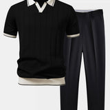Ensemble — polo côtelé en maille à col Johnny et bordure contrastante & pantalon fuselé