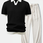 Ensemble — polo en maille texturée contrastante à col Johnny & pantalon gaufré en maille à cordon