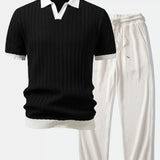 Ensemble — polo en maille texturée contrastante à col Johnny & pantalon gaufré en maille à cordon