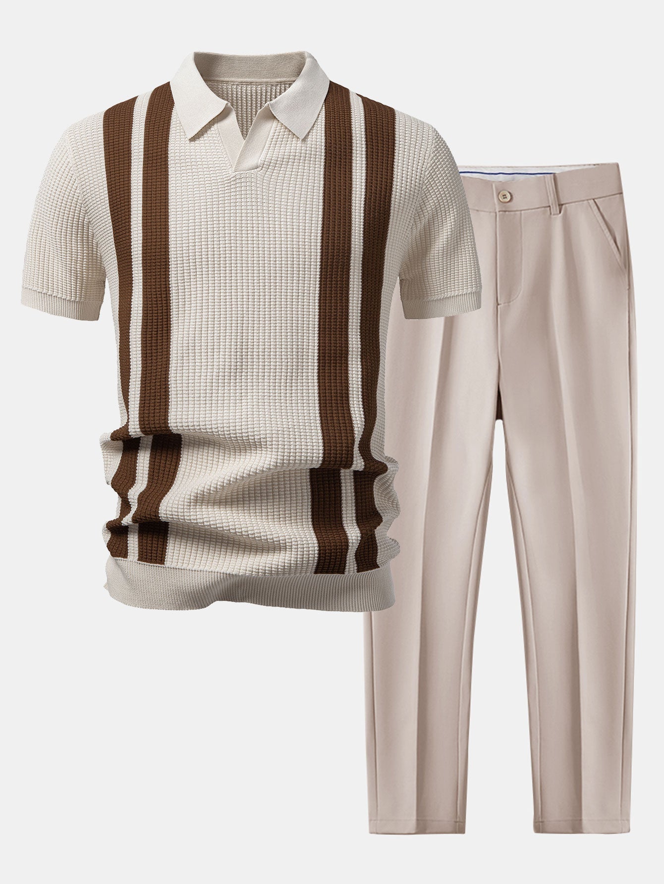 Ensemble Améline — polo en maille rayée à col Johnny & pantalon fuselé coupe slim